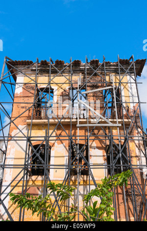 Scaffold outside a building in historic center of Sao Luis (UNESCO World Heritage site), Maranhao State, Brazil Stock Photo