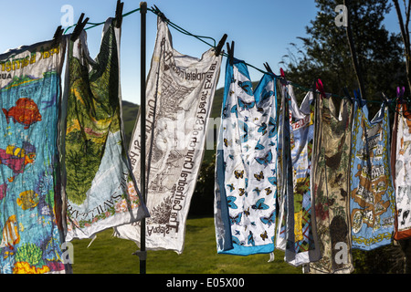 Colourful tea cloths hanging on a washing line backlit by the sun Stock Photo