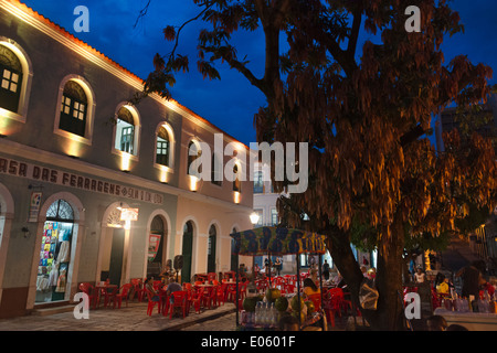 Building and cobbled street in historic center of Sao Luis (UNESCO World Heritage site) at night, Maranhao State, Brazil Stock Photo