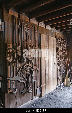 Assortment of tools, reconstructed National Mail and Transportation Building, Shakespeare ghost town (late 1800s), Lordsburg, NM Stock Photo