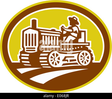 Illlustration of a farmer worker drive driving a vintage tractor ...