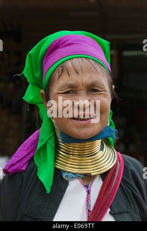 Padaung (Kayan Lahwi) woman wearing brass neck coils, Bagan, Myanmar