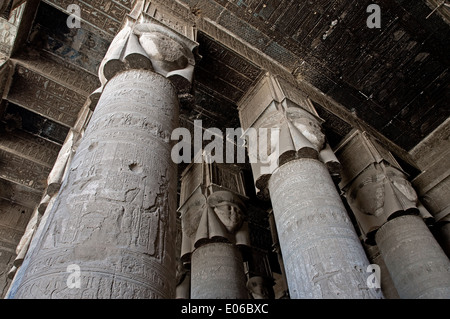 Egypt,Dendera,Ptolemaic temple of the goddess Hathor. View of ceiling and columns in the hypostyle hall Stock Photo