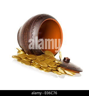 Golden coins in ceramic pot, isolated Stock Photo