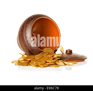 Golden coins in ceramic pot, isolated Stock Photo