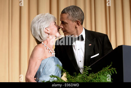 Washington, DC, USA. 3rd May, 2014. United States President Barack Obama and outgoing Health and Human Services Secretary Kathleen Sebelius attend the annual White House Correspondents Association Gala at the Washington Hilton Hotel, May 3, 2014 in Washington, DC. Credit: Olivier Douliery/Pool via CNP/dpa/Alamy Live News Stock Photo