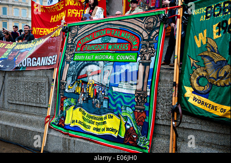Trade union banners seen at a Mayday Rally in London Stock Photo