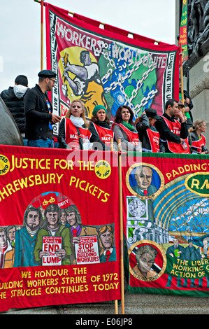 Trade union banners seen at a Mayday Rally in London Stock Photo