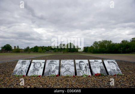 Oranienburg, Germany. 04th May, 2014. Roses are lain during the ceremony to mark the 69th anniversary of the liberation of Sachsenhausen and Ravensbrueck concentration camps in Oranienburg, Germany, 04 May 2014. The pupils want to turn a former prisoner of war camp into a memorial. The 69th anniversary of the liberation is celebrated on 04 May 2014. Photo: DANIEL NAUPOLD/dpa/Alamy Live News Stock Photo