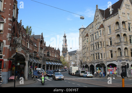 Raadhuisstraat in  Amsterdam, Jordaan Area, Holland  between Nieuwezijds Voorburgwal and  Keizersgracht with Westerkerk (Western church) in background Stock Photo