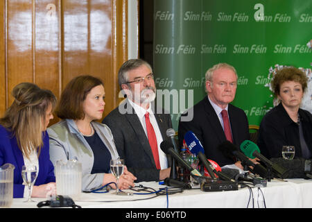 Balmoral Hotel, Belfast, Northern Ireland, UK. 4th May 2014. Sinn Fein hold press conference after Gerry Adams is released after 4 days detention L-R Martina Anderson MEP ,Mary-Lou McDonald TD,Gerry Adams TD, Martin McGuinness Deputy First Minister and Carál Ní Chuilín Credit:  Bonzo/Alamy Live News Stock Photo