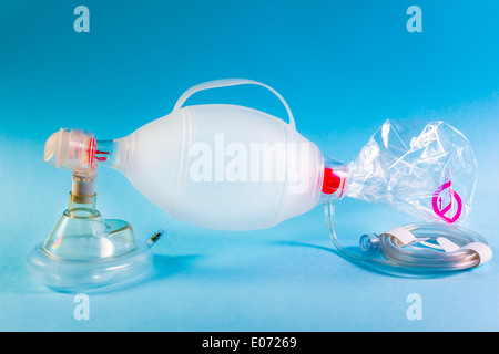 an ambu respiratory support mask shooted over a blue background Stock Photo