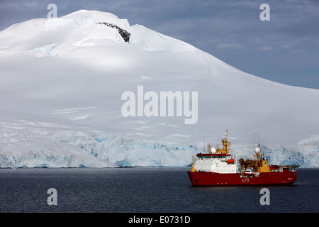 Royal Navy Ice Patrol Ship HMS Protector on antarctic deployment in Port Lockroy Antarctica Stock Photo