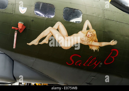 Nose artwork on the Boeing B-17 Sally B at Duxford Air Museum Stock Photo