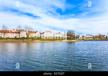 Building in old part Minsk, downtown (Nemiga) View with Svisloch River, Belarus Stock Photo