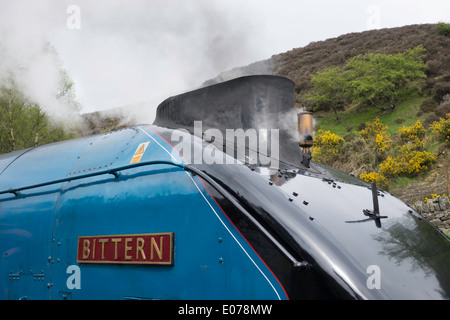 Detail of ex LNER class A4 steam locomotive no. 4464 Bittern showing streamlining double chimney and whistle Stock Photo