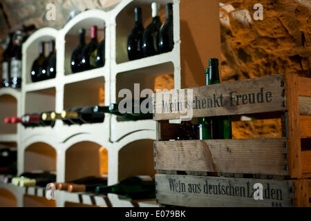 interior shot of a german wine cellar (wine gives you joy) - April 2014 Stock Photo