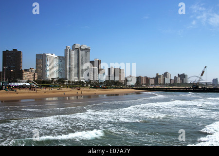 Durban, South Africa - MAY 3, 2014: View of people ocean beach and city skyline in Durban South Africa Stock Photo