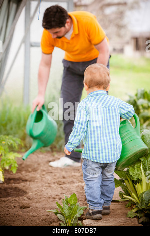 Father and son in vegetable garden with watering cans, Austria Stock Photo