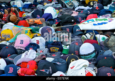 Baseball Caps, Memorial to the victims of the 2013 Boston Marathon Bombings. Copley Square. Boston. Stock Photo