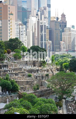 The Christian and Muslim graveyards on the hillside with the Causeway Bay skyline in the background. Stock Photo