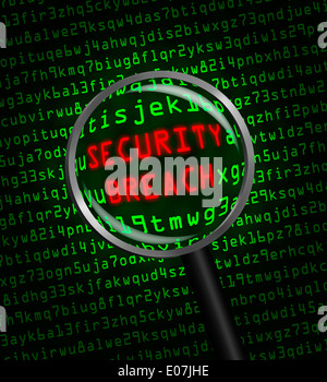 Red word 'SECURITY BREACH' revealed revealed in green computer machine code through a magnifying glass. Stock Photo