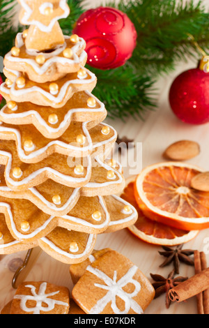 Gingerbread christmas tree.Gingerbread cookies stacked as christmas tree. Stock Photo