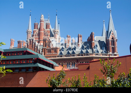 St Pancras station towers, roof and turrets seen from British Library Euston Road London England UK Stock Photo