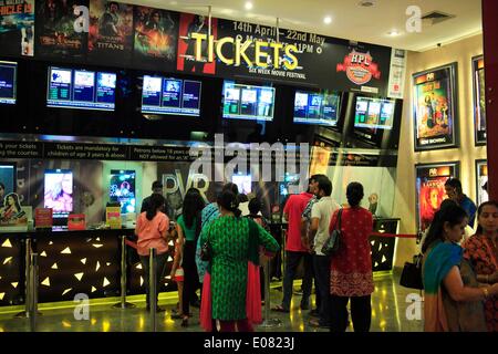 Mumbai, Maharashtra, India. 30th Apr, 2014. The swanky interior at the modern PVR Oberoi multiplex cinema. Figures from the Film Federation of India published show that the number of single-screen cinemas in the country fell from 13,000 to about 10,000 over a five-year period to 2012. They are continuing to shut down or are being converted to Multiplexes - with plush seats and a wide range of food on offer to adapt to the tastes of the internet generation. © Subhash Sharma/ZUMA Wire/ZUMAPRESS.com/Alamy Live News Stock Photo