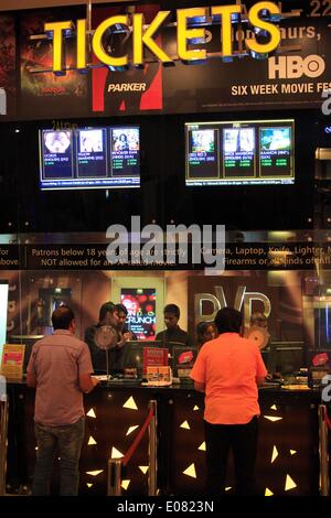 Mumbai, Maharashtra, India. 30th Apr, 2014. The swanky interior at the modern PVR Oberoi multiplex cinema. Figures from the Film Federation of India published show that the number of single-screen cinemas in the country fell from 13,000 to about 10,000 over a five-year period to 2012. They are continuing to shut down or are being converted to Multiplexes - with plush seats and a wide range of food on offer to adapt to the tastes of the internet generation. © Subhash Sharma/ZUMA Wire/ZUMAPRESS.com/Alamy Live News Stock Photo