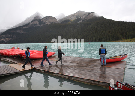kayakers on lake louise, banff canada photo by jen lombardo Stock Photo