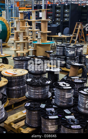 Many cable drums ready for a large electrical installation Stock Photo