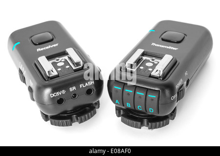 Studio flash lights remote multichannel radio control. Set of wireless trigger - transmitter and receiver. Stock Photo