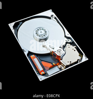 Computer hard disk isolated on black background. Computer hardware, data storage and protection concept. Stock Photo
