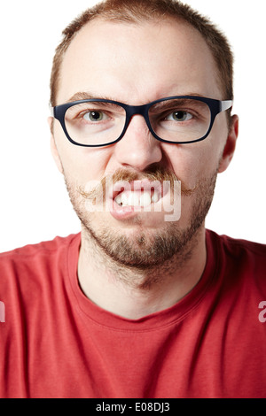 Portrait of a mad man with mustache. Facial expression. Stock Photo