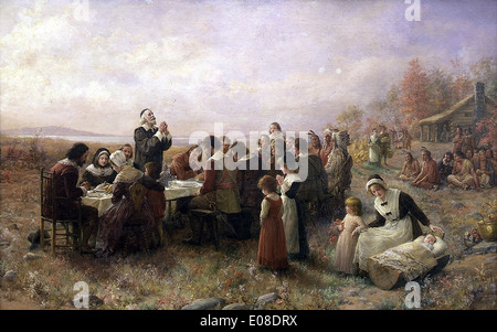 The First Thanksgiving Day, Plymouth, America 1621 Stock Photo