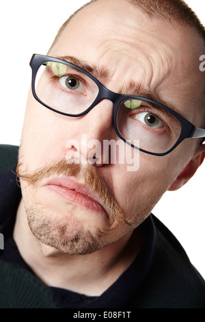 Portrait of sad young man with mustache. Facial expression. Stock Photo