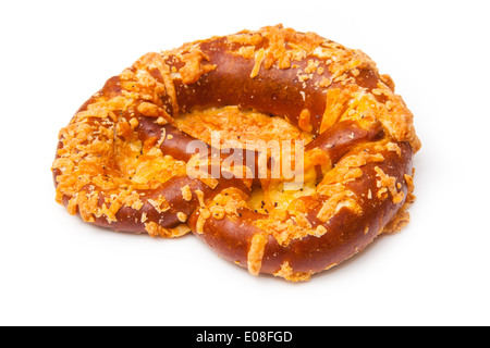 Cheese coated pretzel isolated on a white studio background. Stock Photo