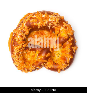 Cheese coated pretzel isolated on a white studio background. Stock Photo