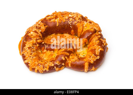 Cheese coated pretzel isolated on a white studio background. Stock Photo