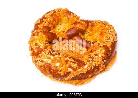 Cheese coated pretzel isolated on a white studio background. Stock Photo