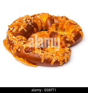 Cheese coated pretzel isolated on a white studio background. Stock Photo