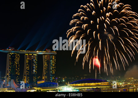 National Day Parade Firework Display over Marina Bay, Singapore. Stock Photo