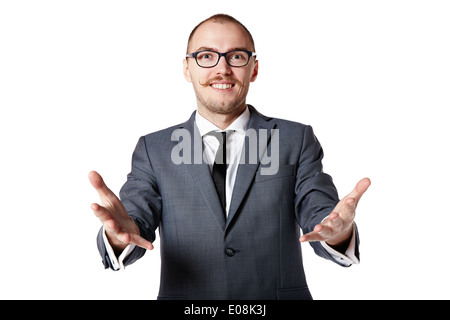 Young businessman congratulations to you. Man gesturing with hands. Stock Photo