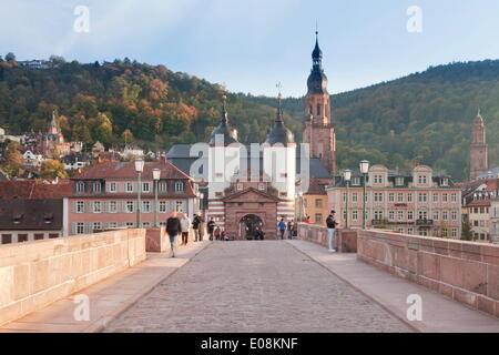 Karl Theodor Bridge with Stadttor gate and Heilig Geist Church, Heidelberg, Baden Wurttemberg, Germany, Europe Stock Photo