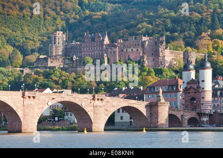 Neckar River with Karl Theodor Bridge, Stadttor gate and castle, Heidelberg, Baden Wurttemberg, Germany, Europe Stock Photo