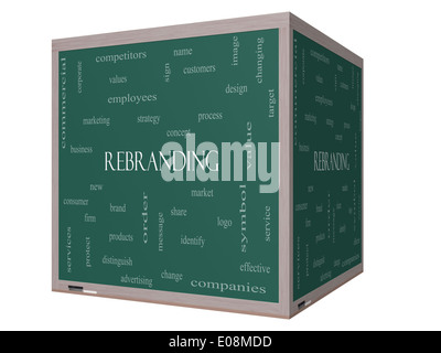 Rebranding Word Cloud Concept on a 3D cube Blackboard with great terms such as market, business, logo and more. Stock Photo