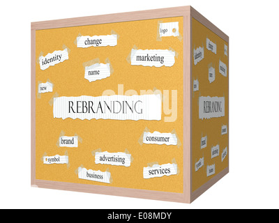 Rebranding 3D cube Corkboard Word Concept with great terms such as new, identity, name and more. Stock Photo