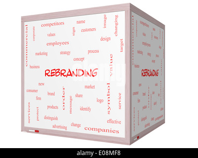 Rebranding Word Cloud Concept on a 3D cube Whiteboard with great terms such as market, business, logo and more. Stock Photo