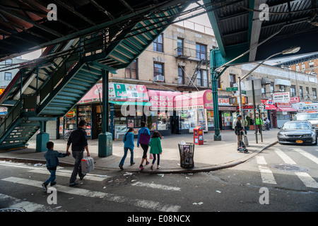 Retail and activities at West 207th Street in the Inwood neighborhood of New York Stock Photo